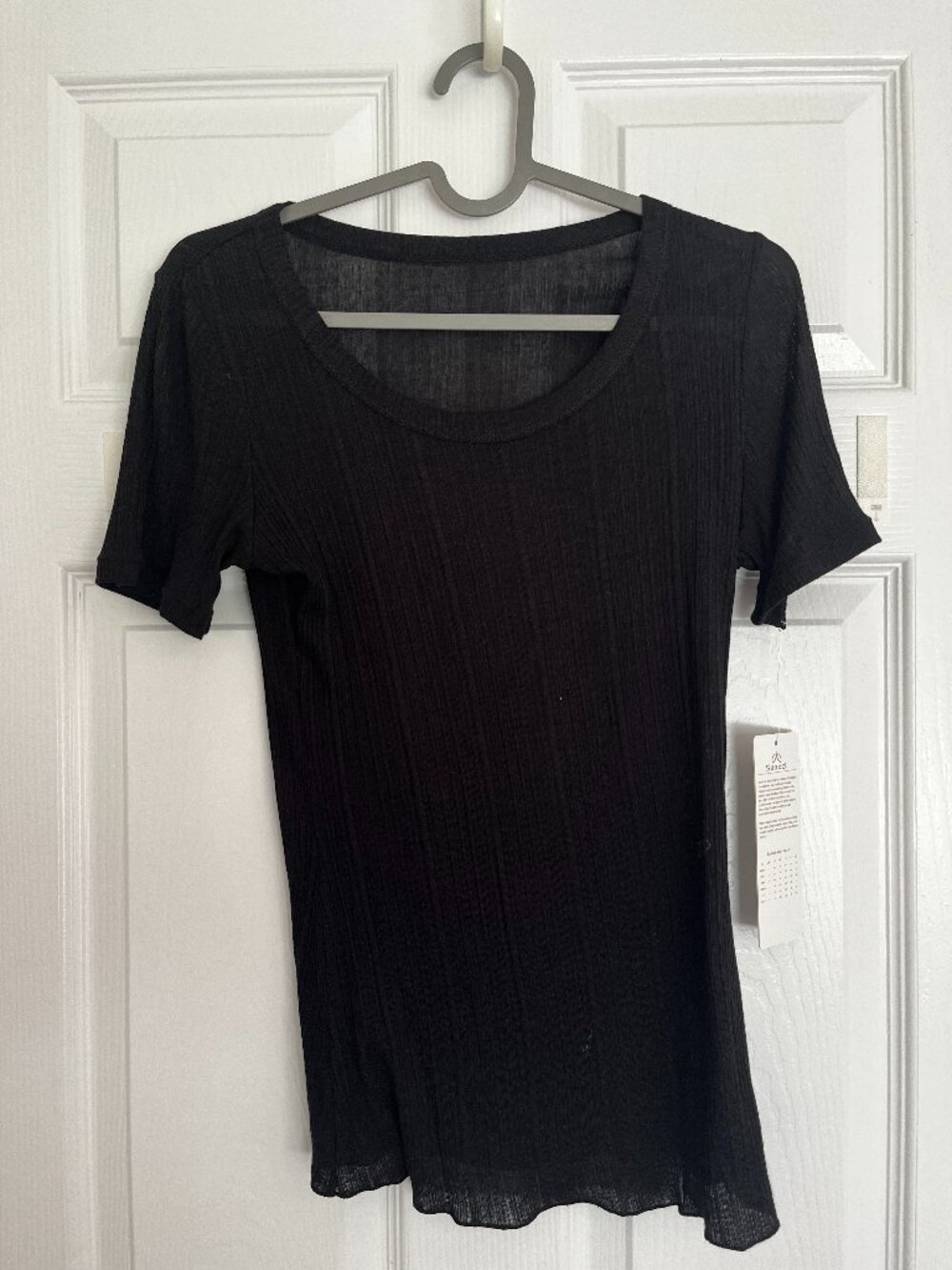 Sexy Black Top Lyocell Fitted Semi Sheer Crew Neck with Sleeves